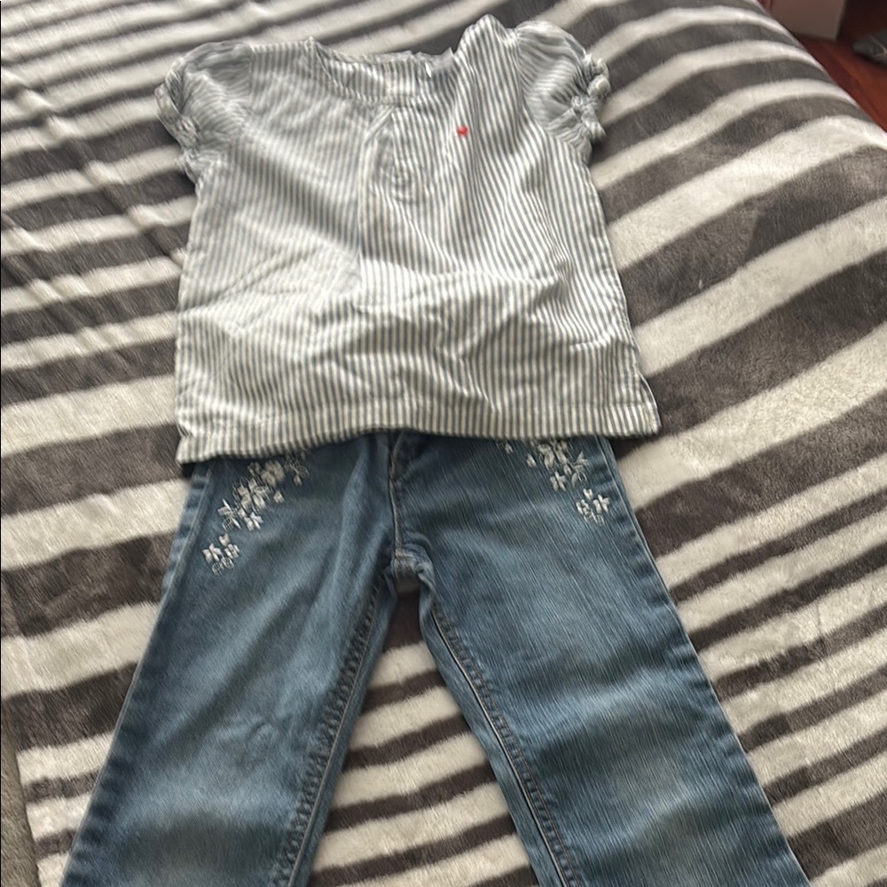 Striped Gray Top and Embroidered Blue Jeans Set